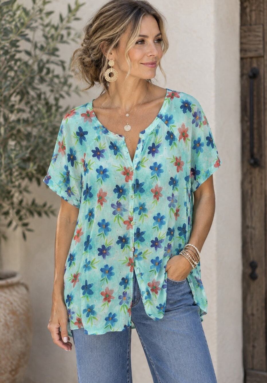 Gudrun Sjoden Floral Short Sleeve Button Up Tunic Lagenlook Boho Cotton Large V6